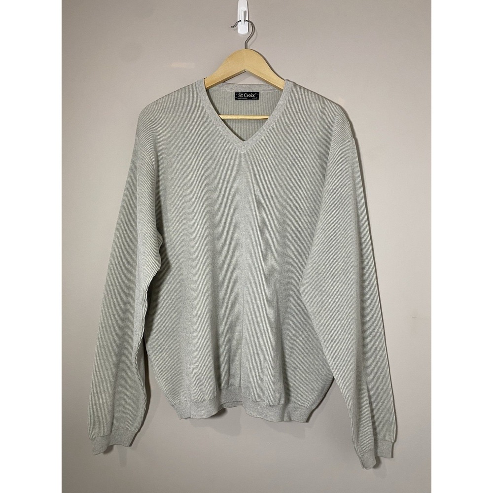 St Croix Ribbed Sweater Mens XLarge Gray V Neck Pullover Knit Wool USA Made NWOT
